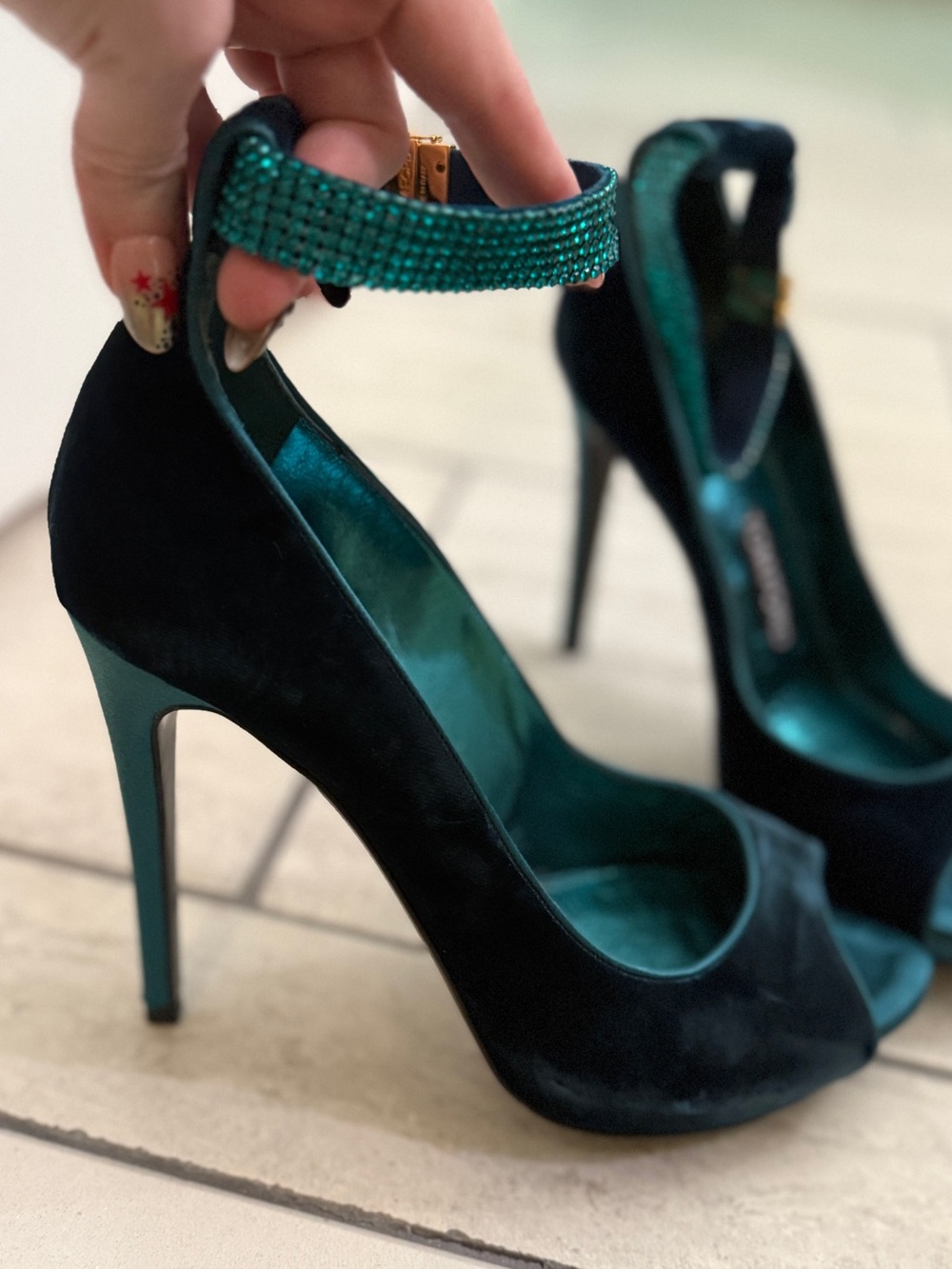 TOM FORD Velvet Crystal Ankle-Strap Peep-Toe Pumps - size 39 - Teal